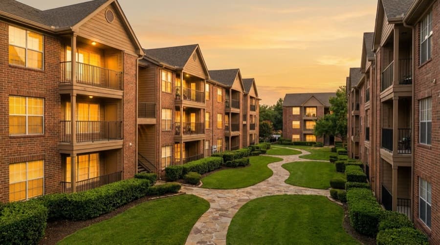 Garden-style multifamily apartment exterior in the evening
