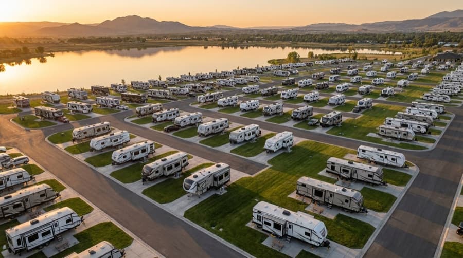 Aerial view of a tidy RV resort at golden hour