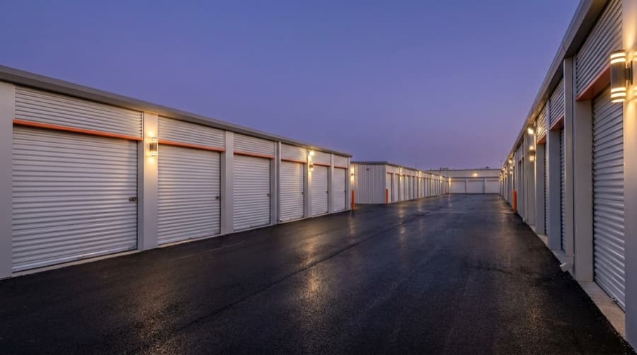 Clean drive-up self-storage facility at dusk